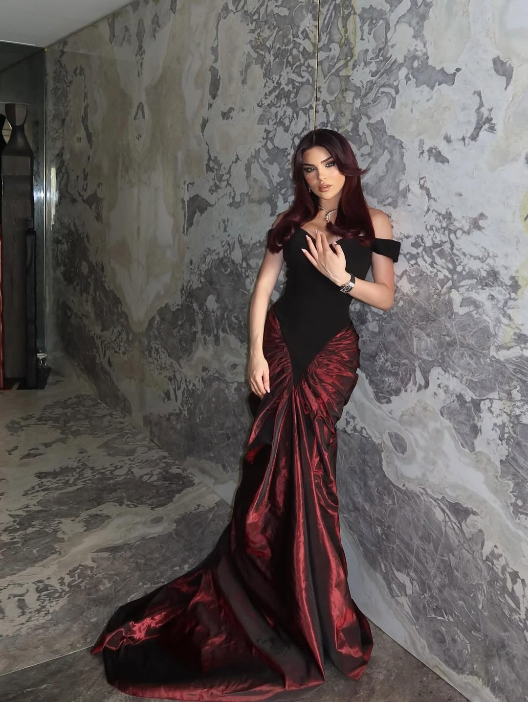 Luxury Black & Burgundy Block Off-the-Shoulder Draped Evening Dress SF444