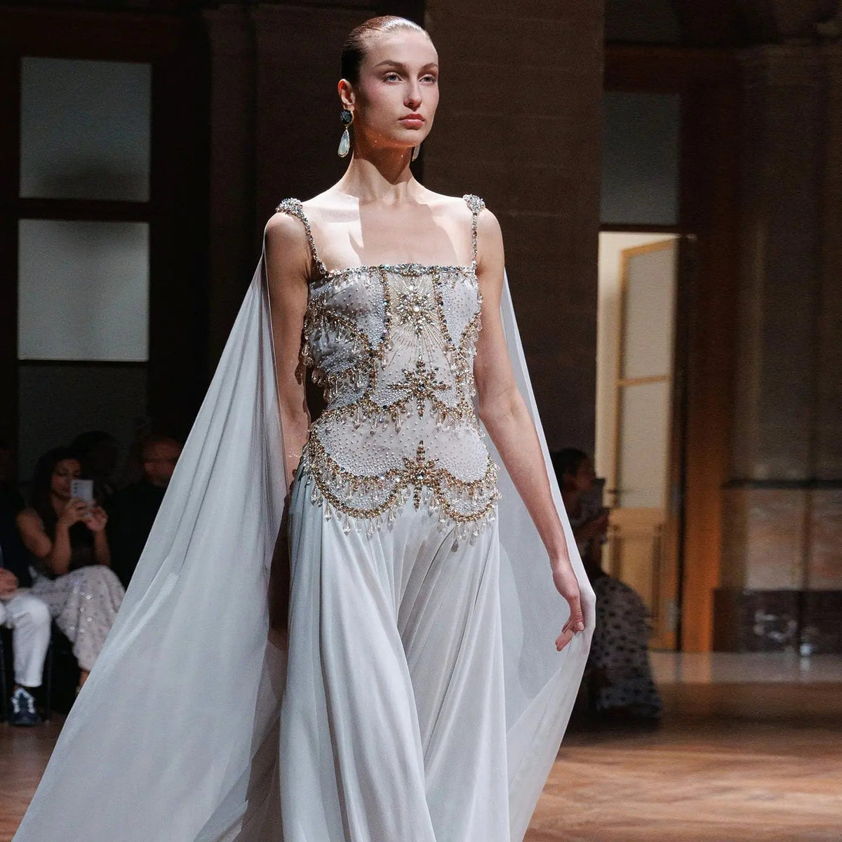 Elegant Silver Gold Large Crystal Evening Dress with Cap SS517