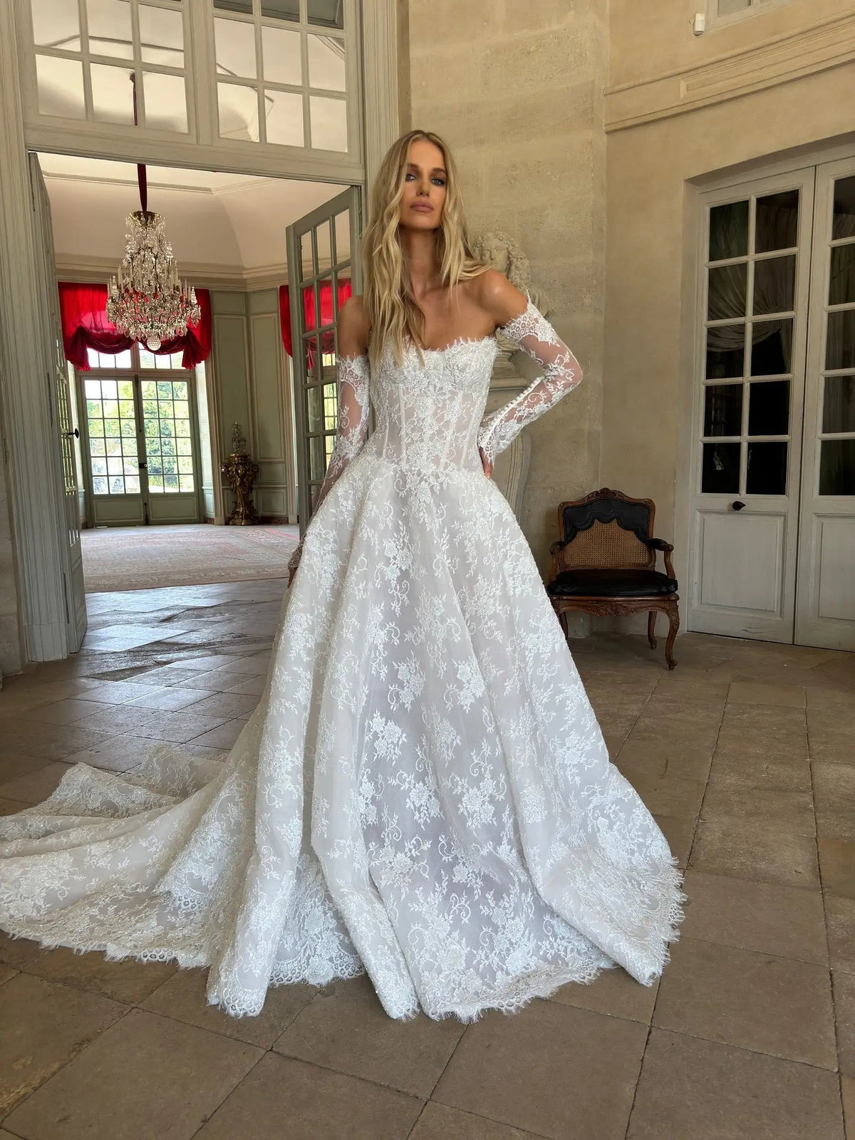 Regal White Off-the-Shoulder Long Sleeve Lace Ball Gown Wedding Dress SW225