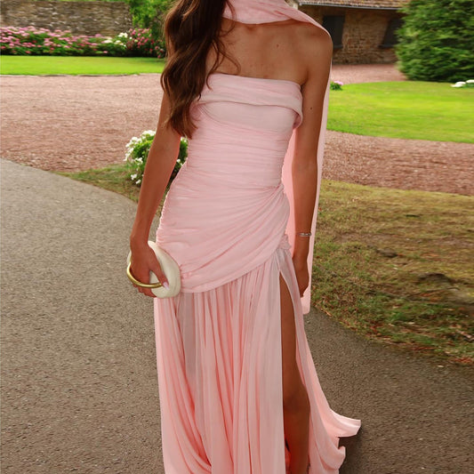 Luxury Pink Strapless Fold High-Slit Evening Dress with Scarf SF044