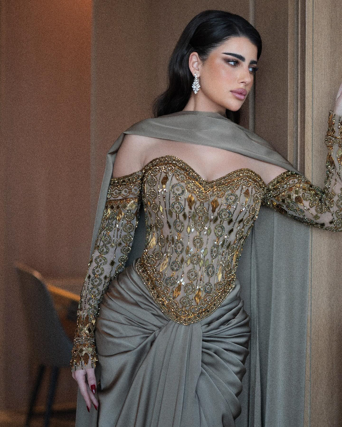 Luxury Gray Embellished Cape Fitted Evening Dress with Scarf SS564