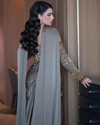 Luxury Gray Embellished Cape Fitted Evening Dress with Scarf SS564