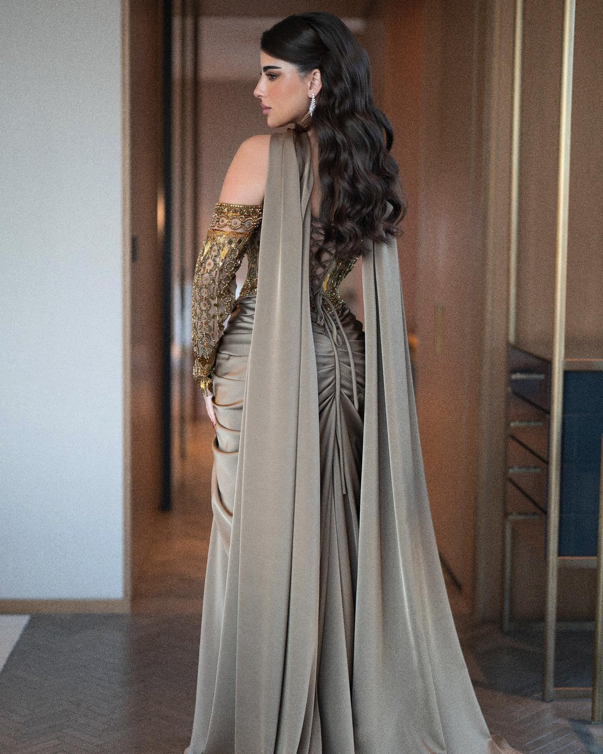 Luxury Gray Embellished Cape Fitted Evening Dress with Scarf SS564