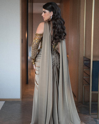 Luxury Gray Embellished Cape Fitted Evening Dress with Scarf SS564