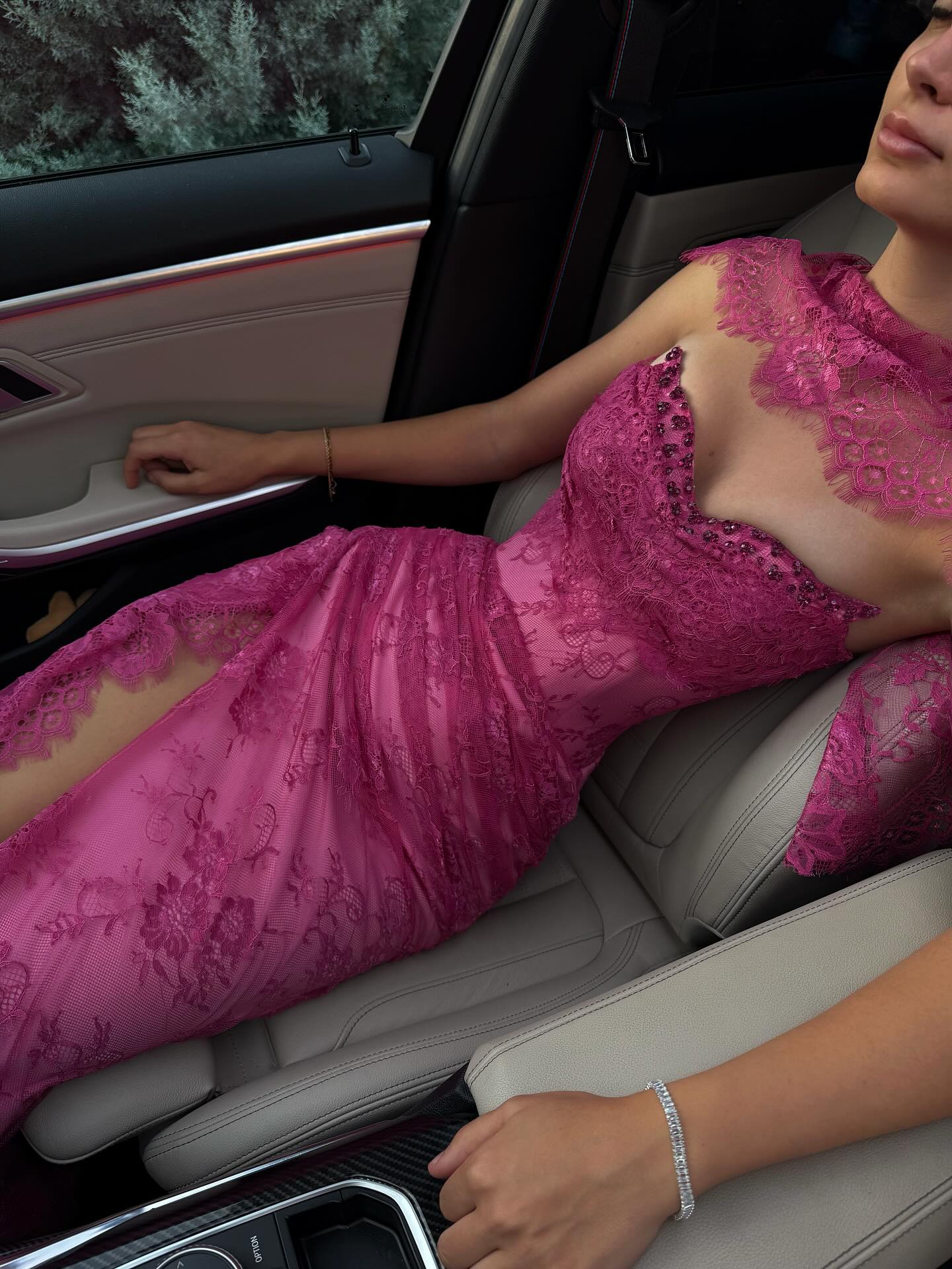 Glamorous Fuchsia Lace High Slit Mermaid Evening Dress with Scarf SF525