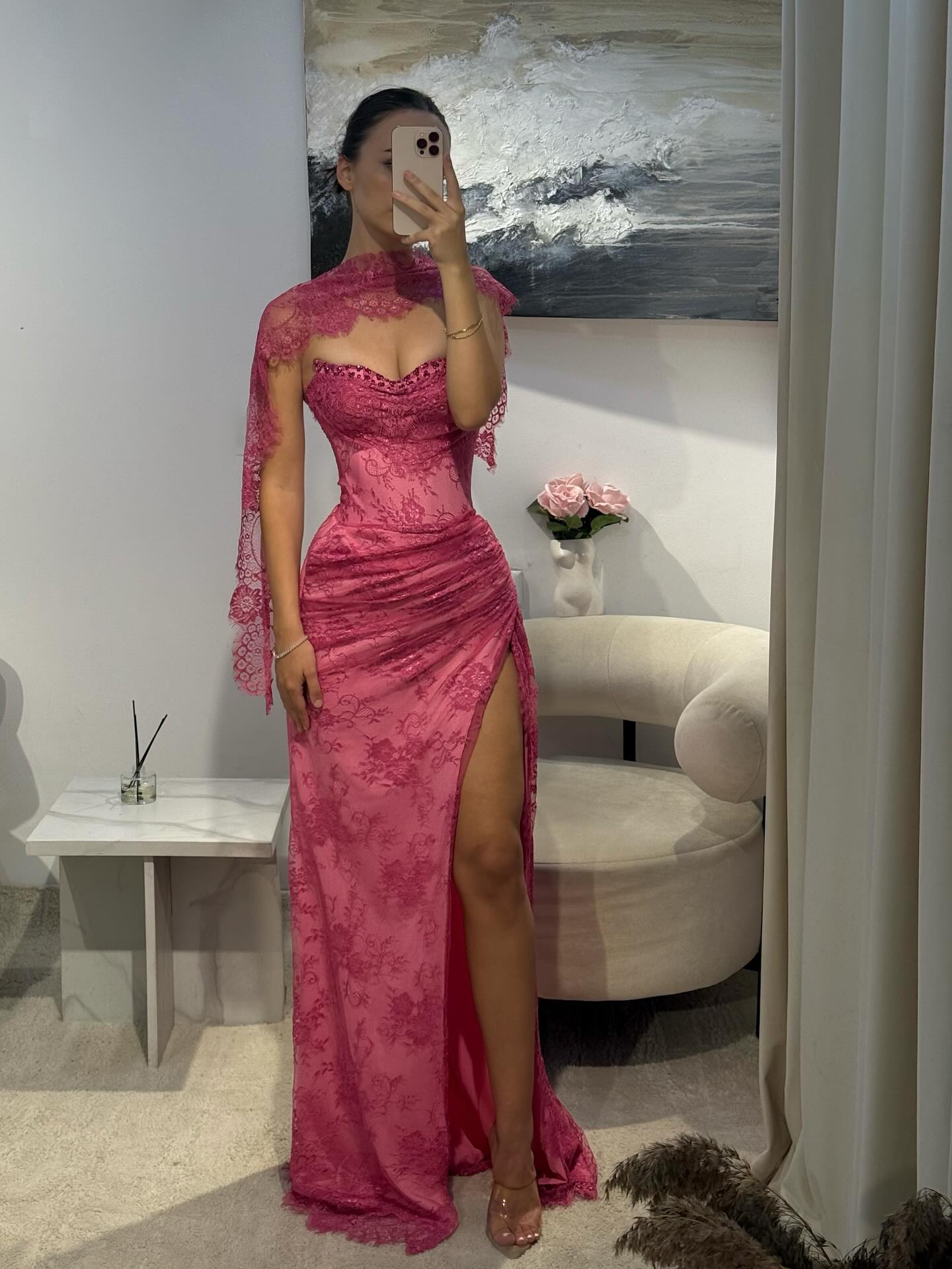 Glamorous Fuchsia Lace High Slit Mermaid Evening Dress with Scarf SF525