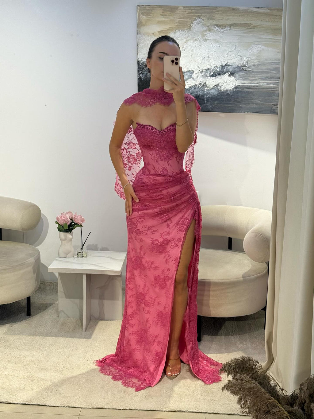 Glamorous Fuchsia Lace High Slit Mermaid Evening Dress with Scarf SF525