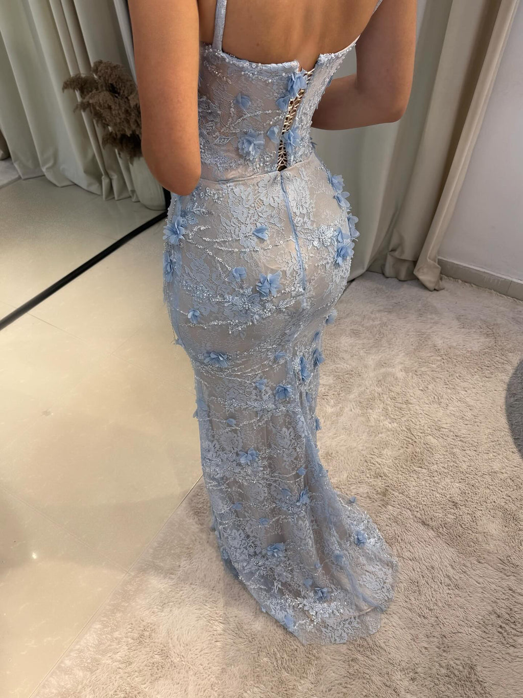 Luxury Light Blue Sweetheart 3D Floral Mermaid Evening Dress SF523