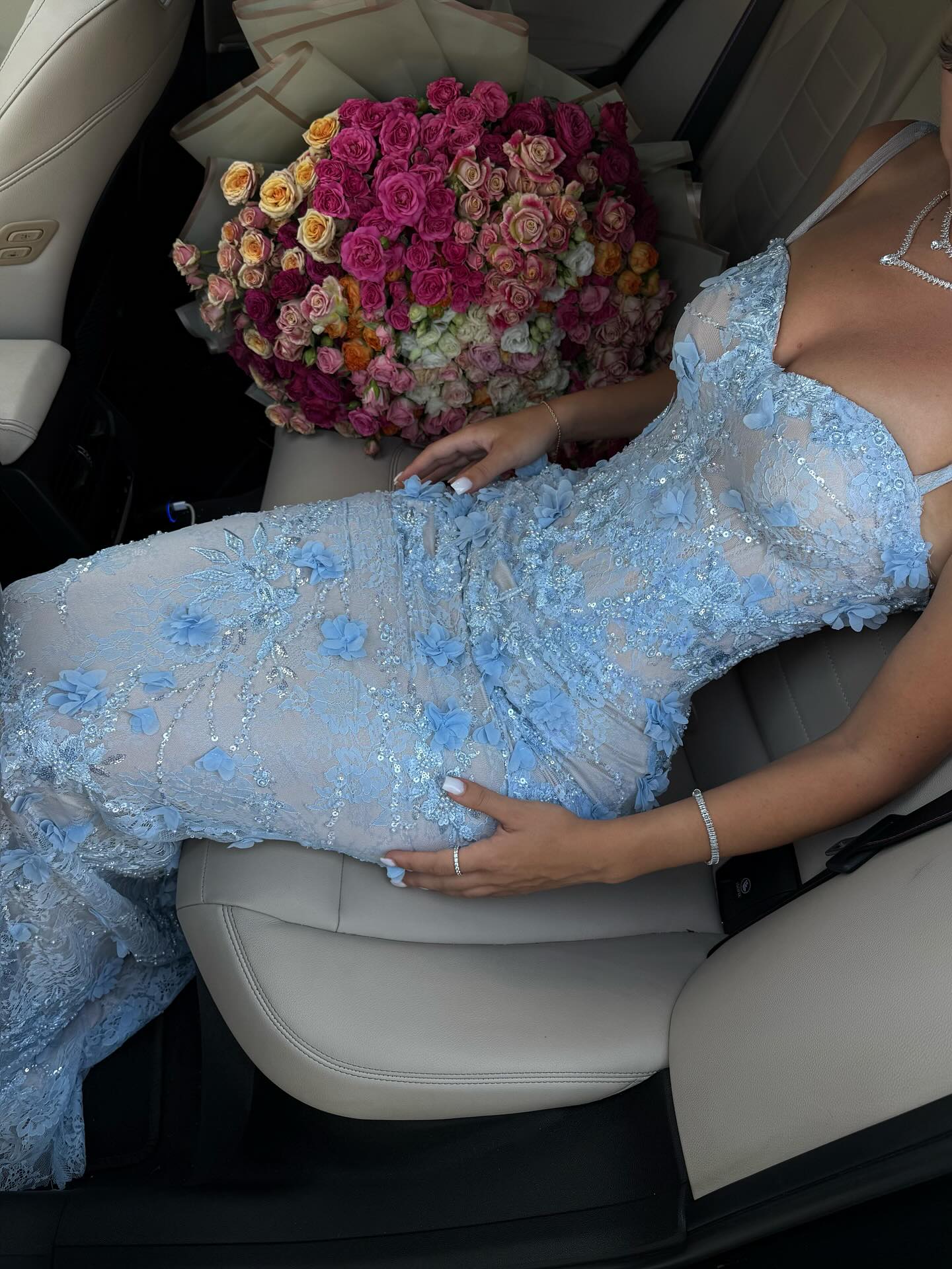 Luxury Light Blue Sweetheart 3D Floral Mermaid Evening Dress SF523