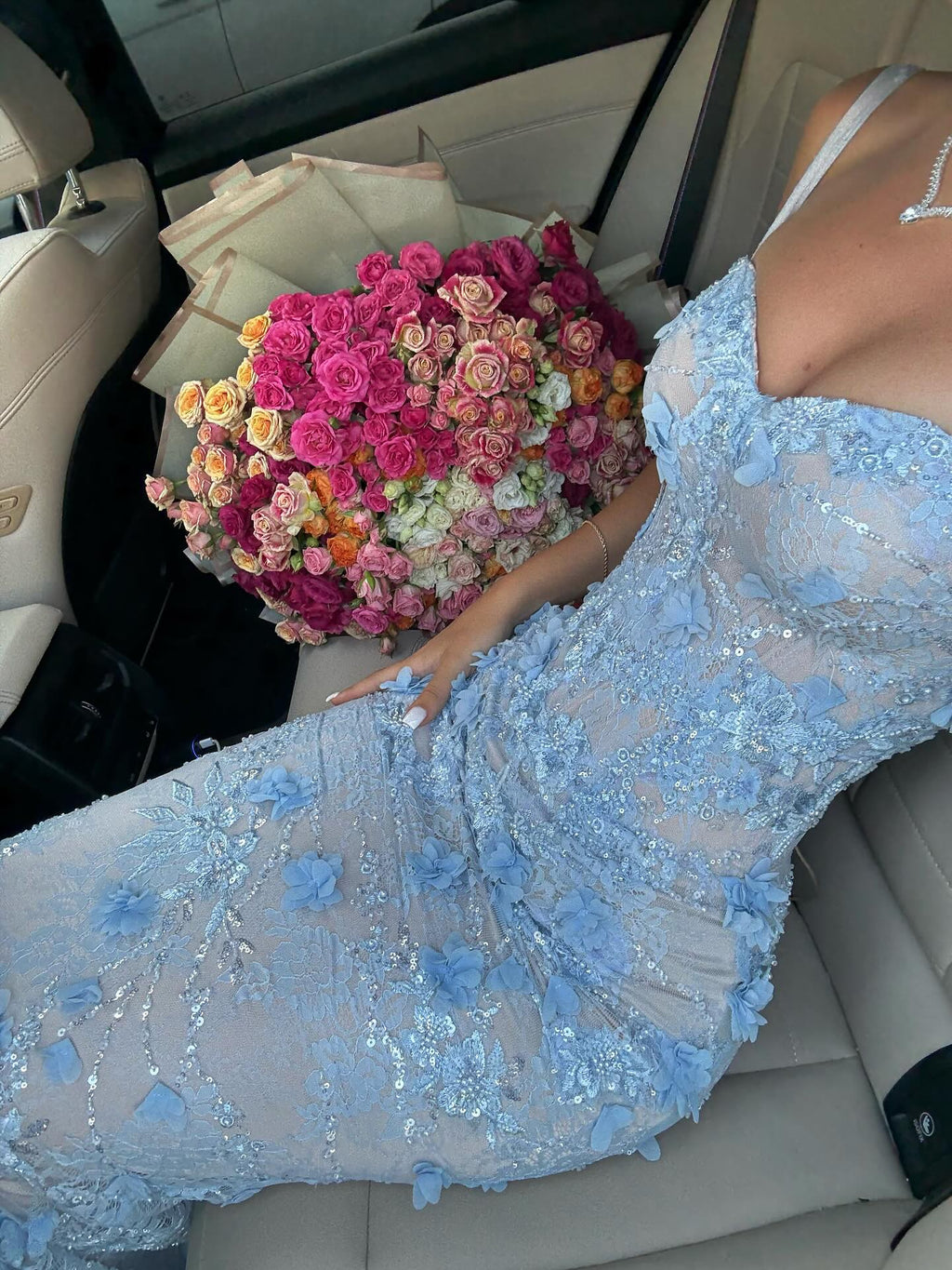 Luxury Light Blue Sweetheart 3D Floral Mermaid Evening Dress SF523
