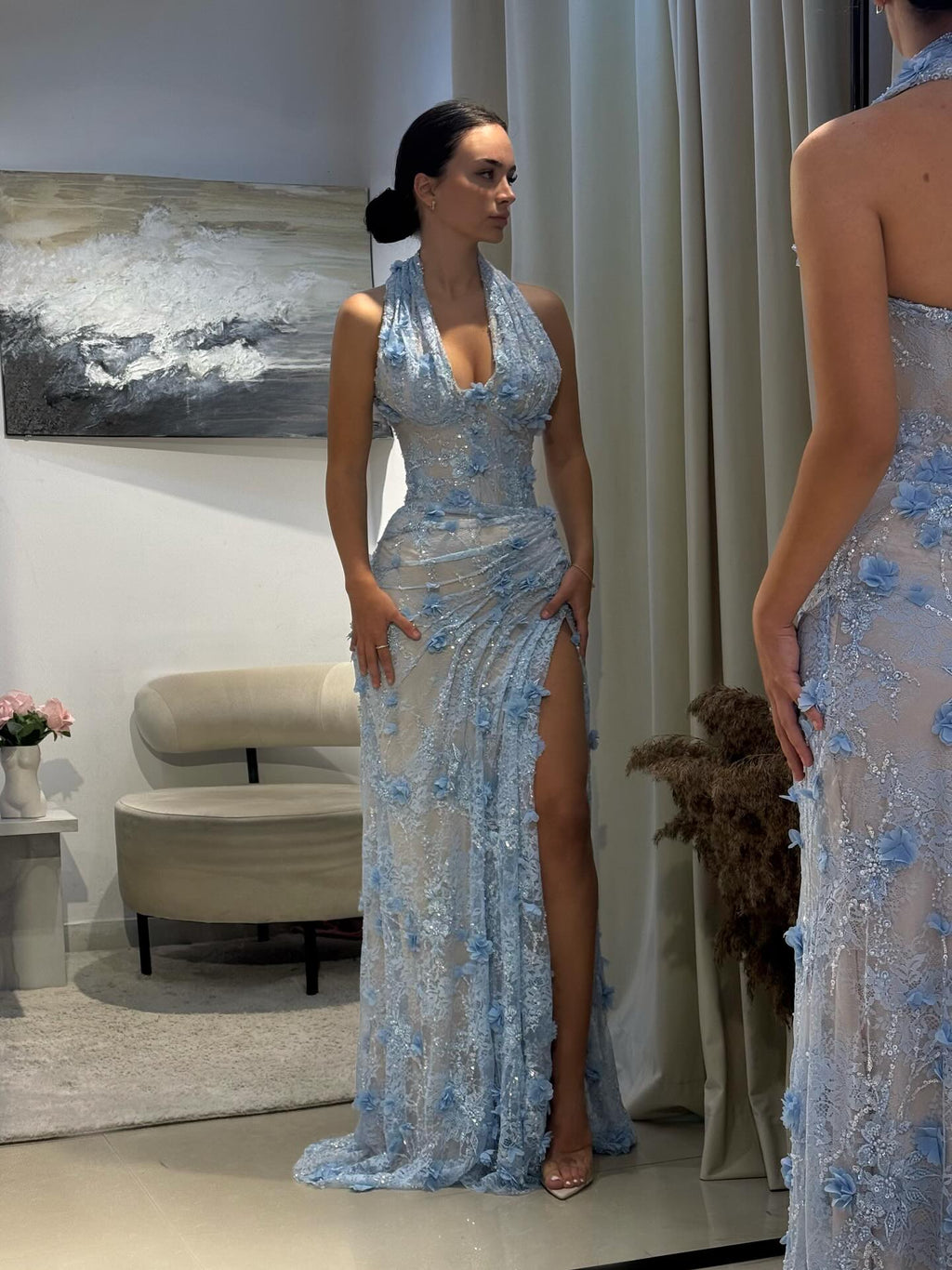 Luxury Green Halter Neck 3D Floral Lace Evening Dress with High Slit SF521