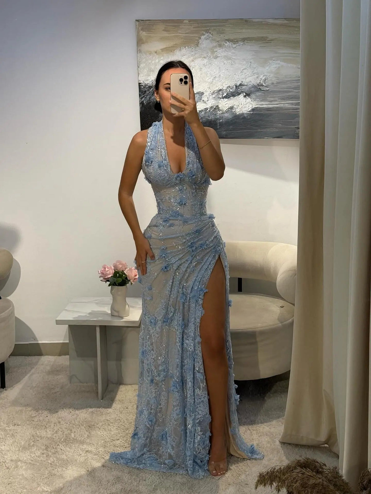 Glamorous Green Halter Lace Evening Dress with Slit SF521