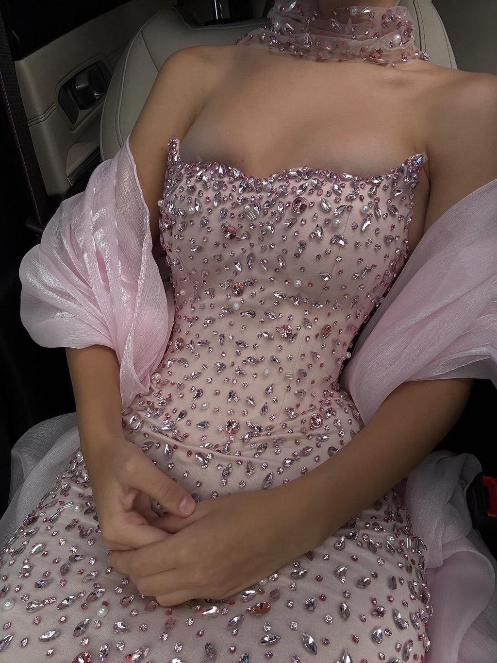 Luxury Pink Strapless Crystal Evening Dress with Cape and Choker SS382