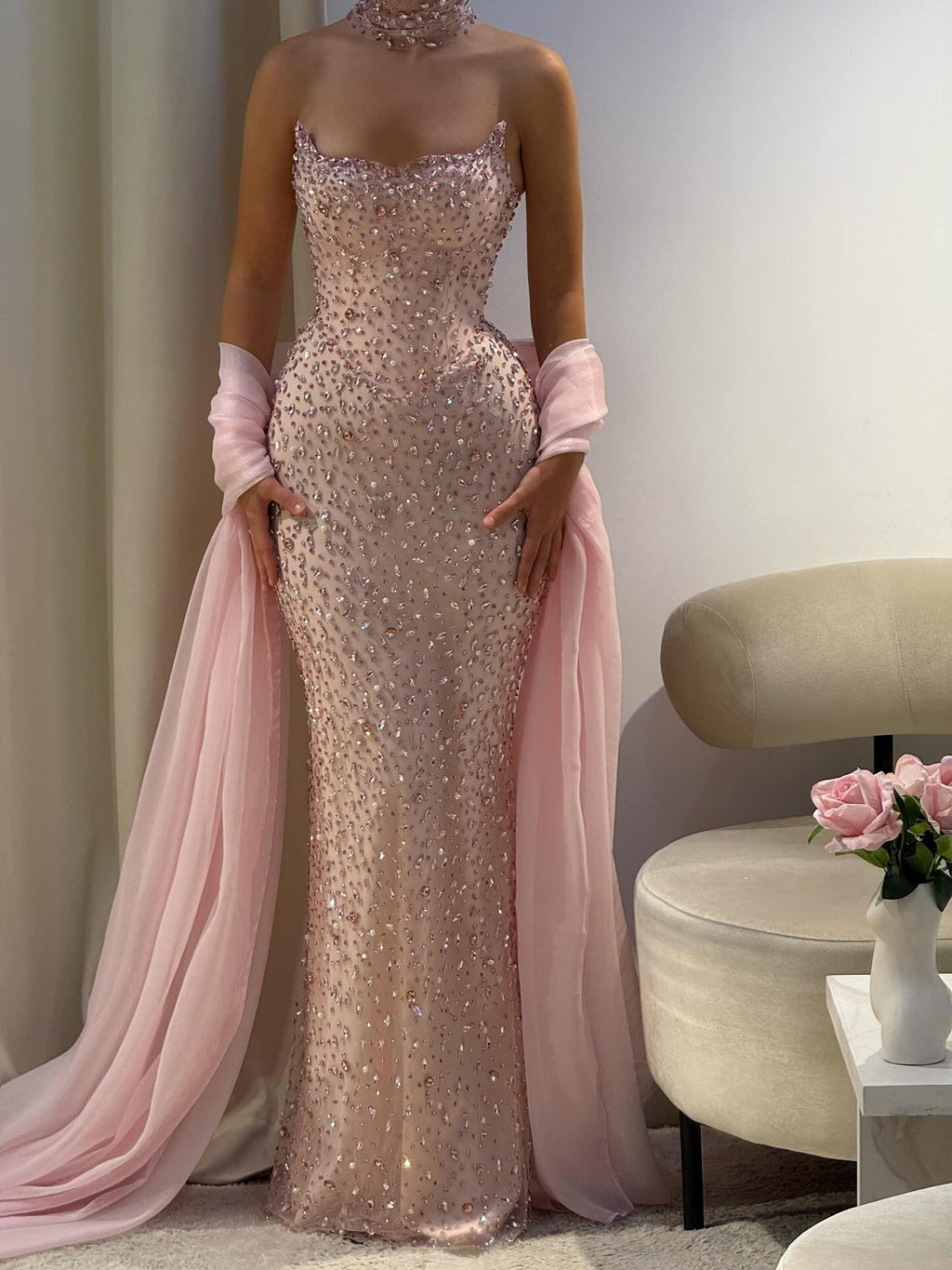 Luxury Pink Strapless Crystal Evening Dress with Cape and Choker SS382