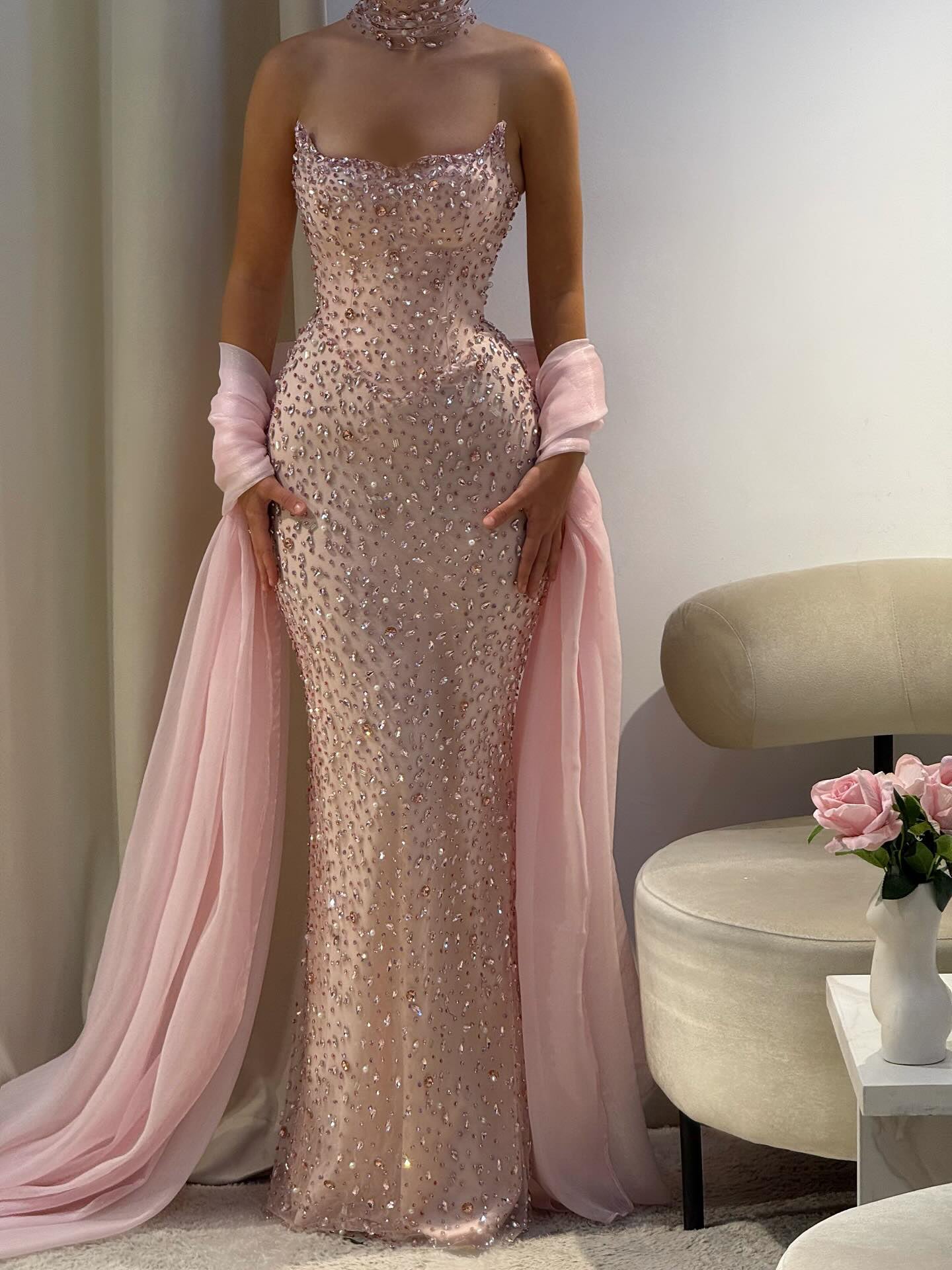 Luxury Pink Strapless Crystal Evening Dress with Cape and Choker SS382