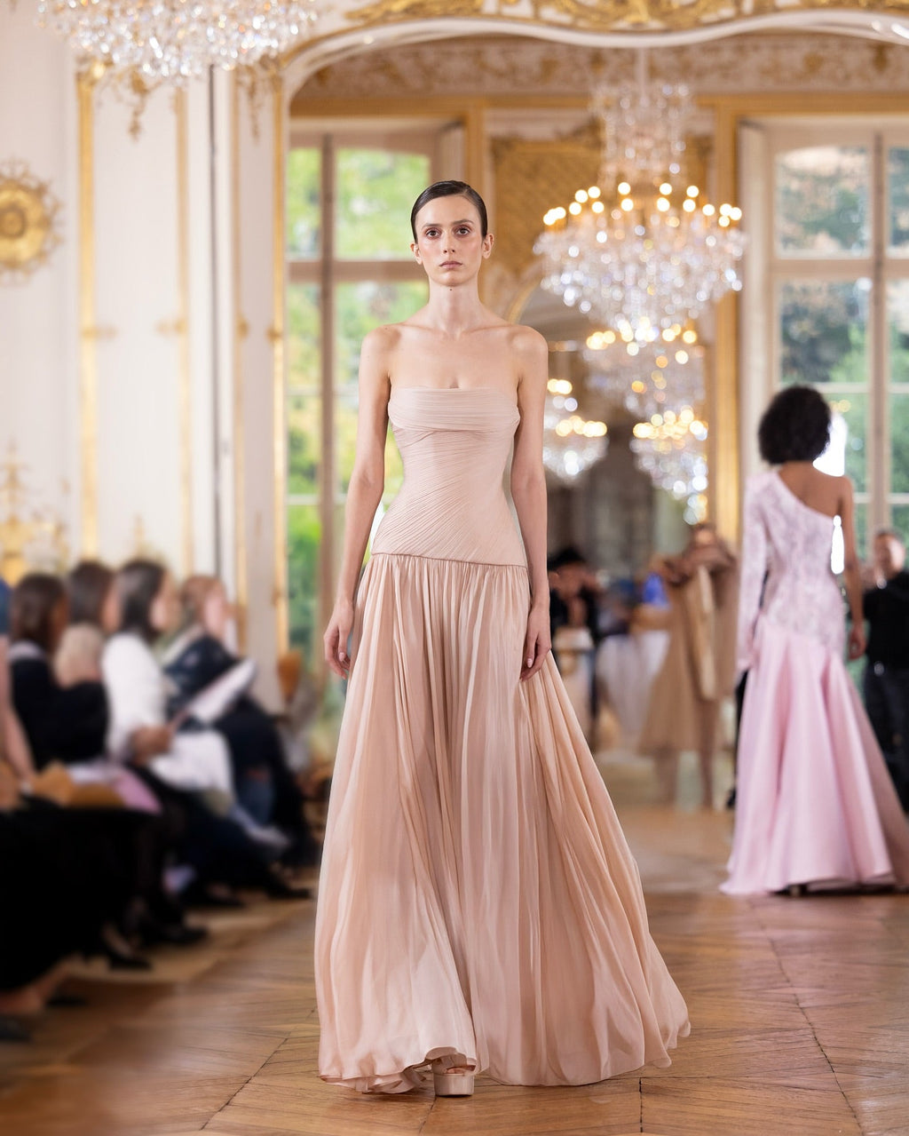 Luxury Nude Pink Strapless Ruched Tulle Evening Dress SF024