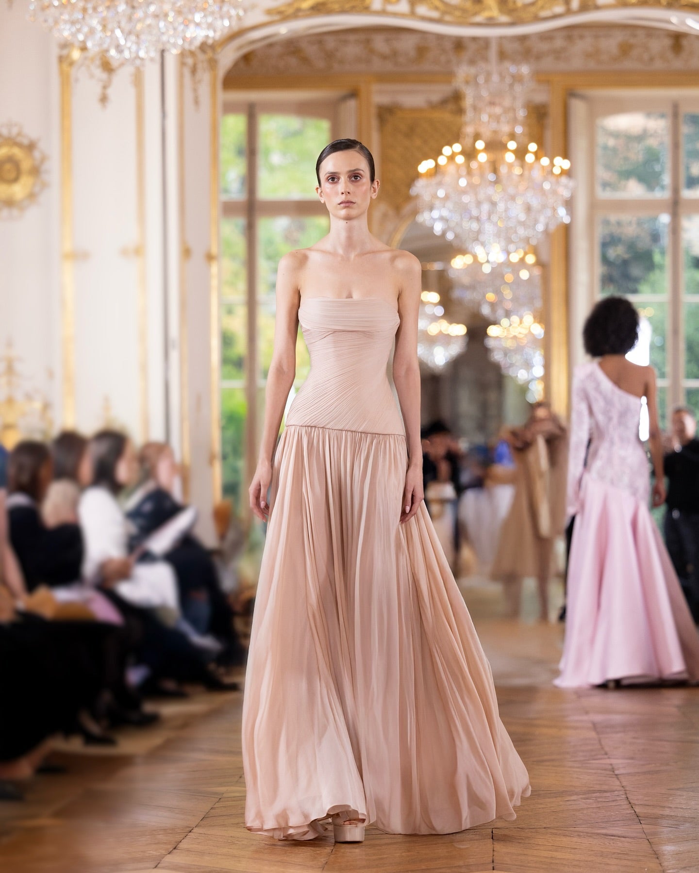 Luxury Nude Pink Strapless Ruched Tulle Evening Dress SF024