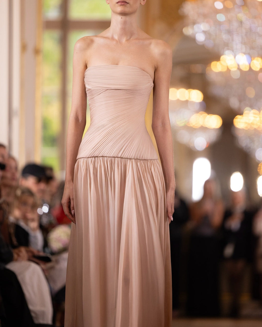 Luxury Nude Pink Strapless Ruched Tulle Evening Dress SF024