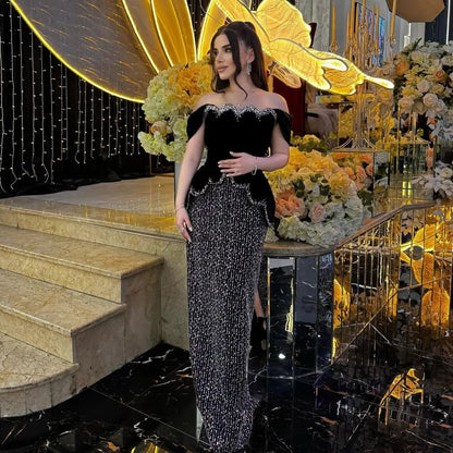 Luxury Black Off Shoulder Sequin Pearl Evening Dress SS615