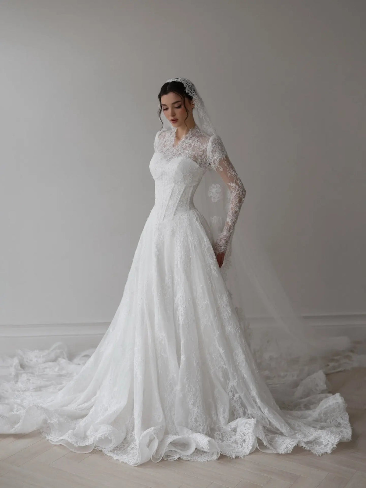 Romantic White Lace Long Sleeve A-Line Wedding Dress with Veil SW273