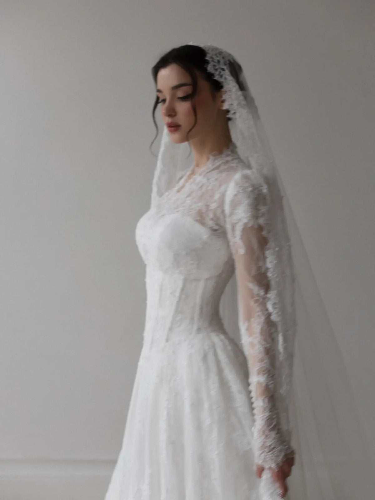 Romantic White Lace Long Sleeve A-Line Wedding Dress with Veil SW273