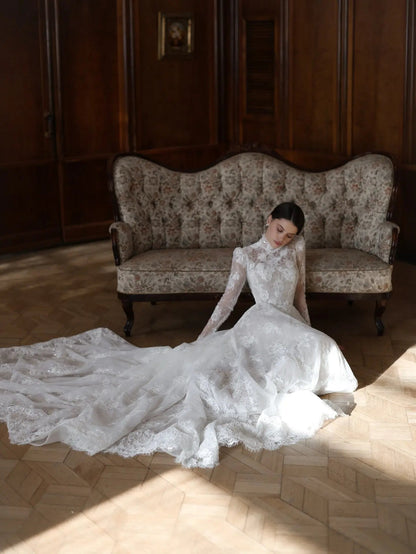 Regal Ivory Lace High Neck Long Sleeve Wedding Dress with Cathedral Veil SW277