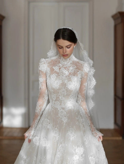 Regal Ivory Lace High Neck Long Sleeve Wedding Dress with Cathedral Veil SW277