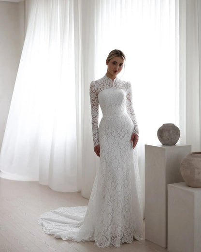 Elegant Floral Long Sleeve Mermaid Wedding Dress SW543