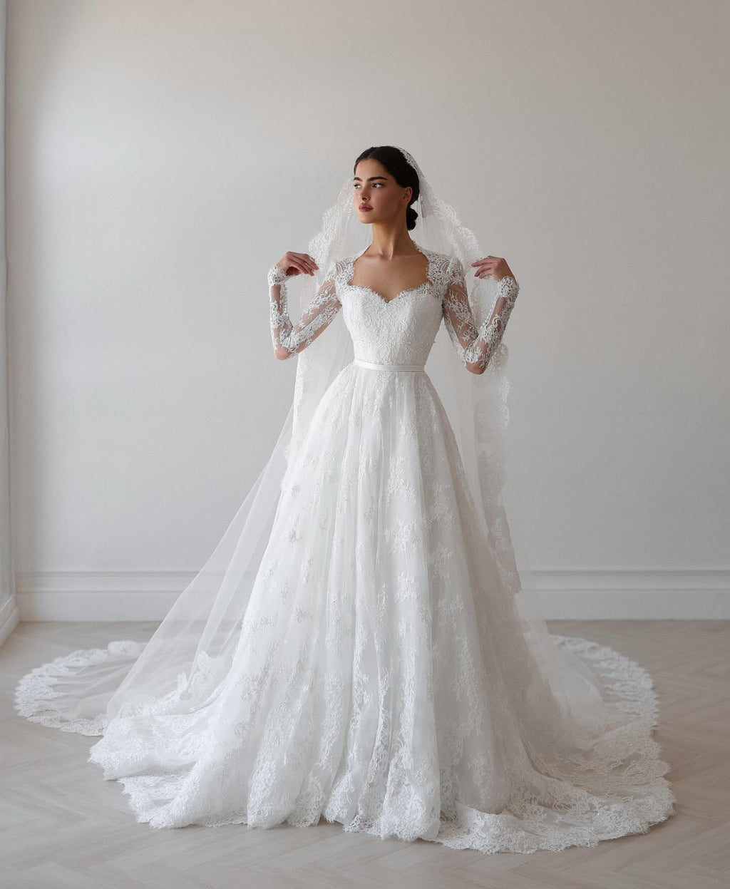 Elegant Pearl Long Sleeve Tulle and Lace Wedding Dress SW531