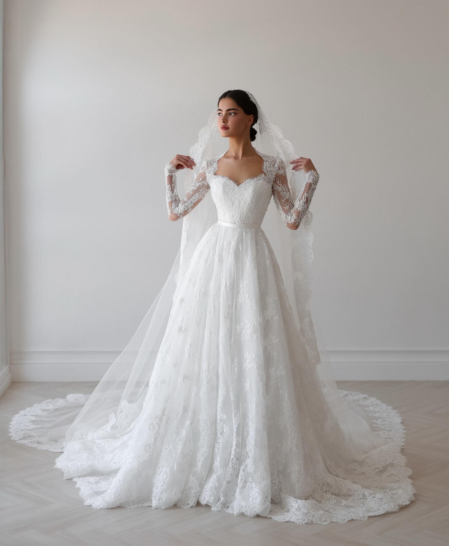 Elegant Pearl Long Sleeve Tulle and Lace Wedding Dress SW531