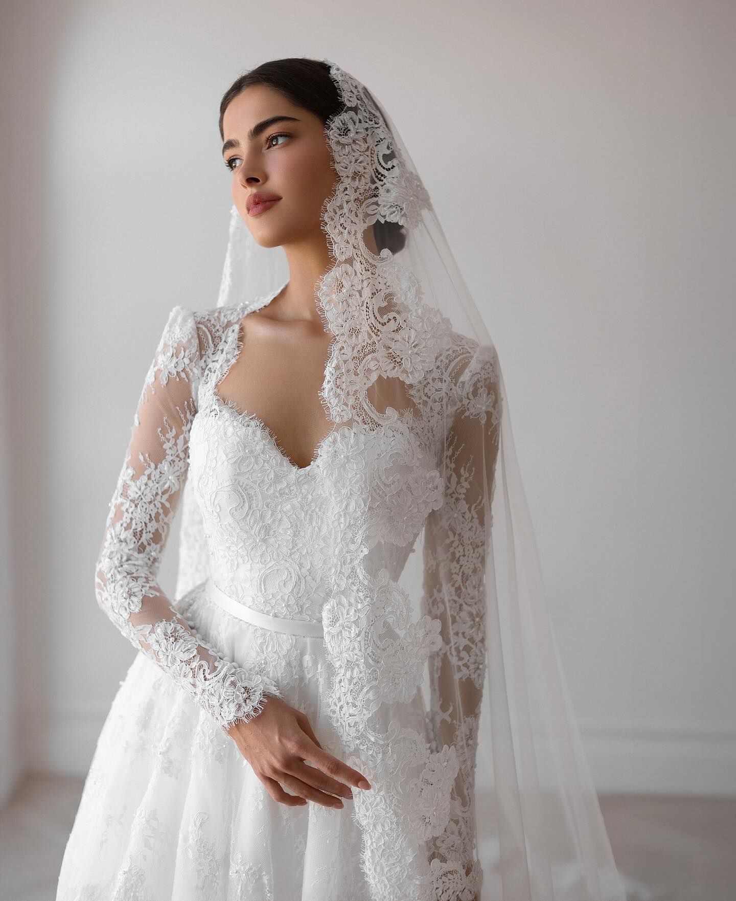 Elegant Pearl Long Sleeve Tulle and Lace Wedding Dress SW531
