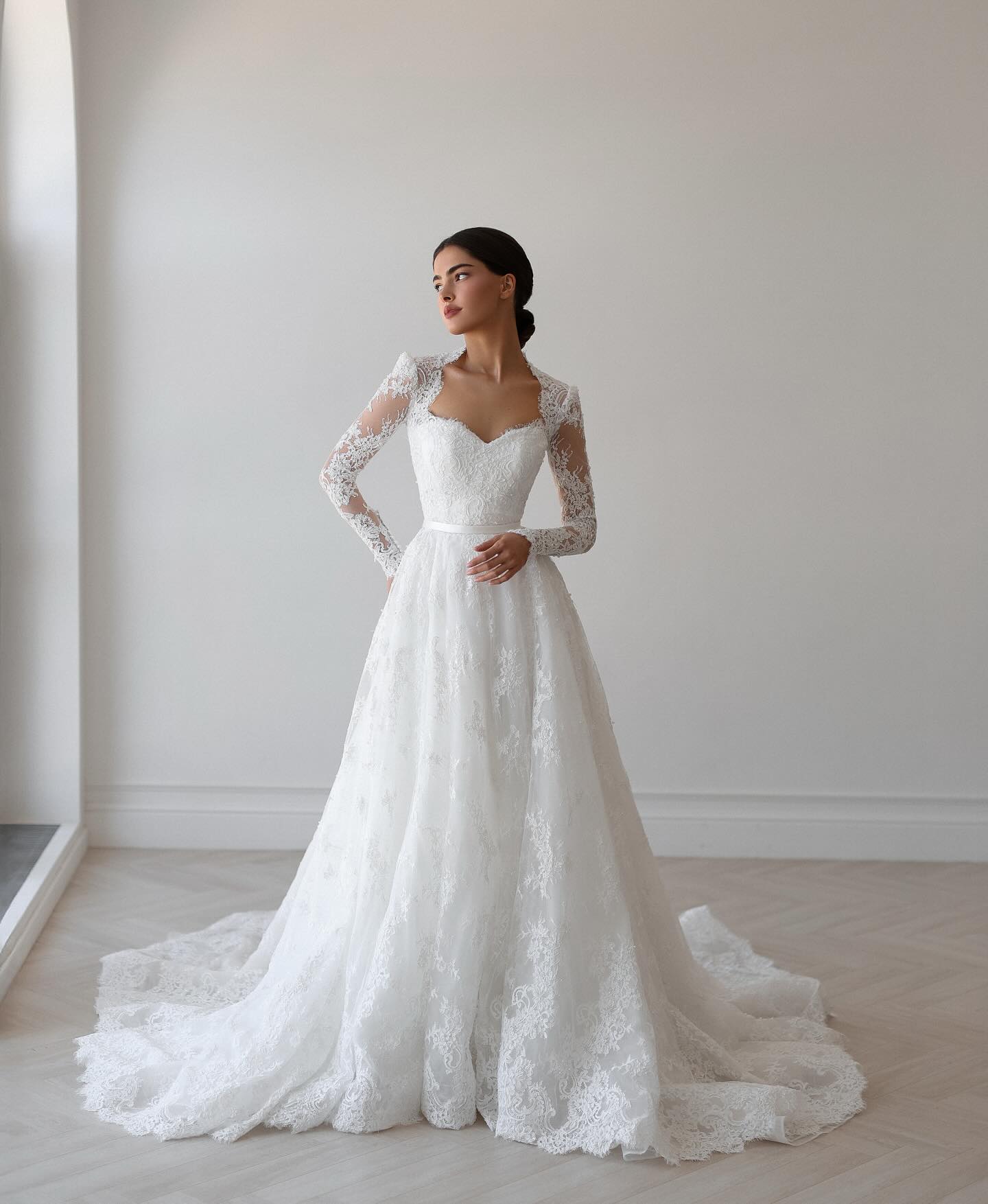 Elegant Pearl Long Sleeve Tulle and Lace Wedding Dress SW531