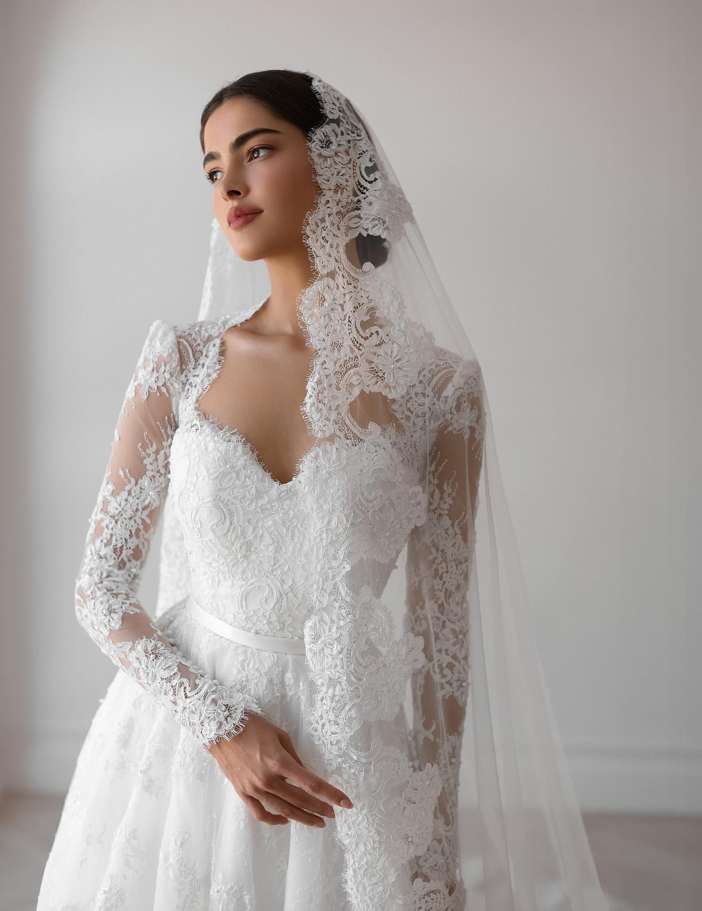 Elegant Pearl Long Sleeve Tulle and Lace Wedding Dress SW531