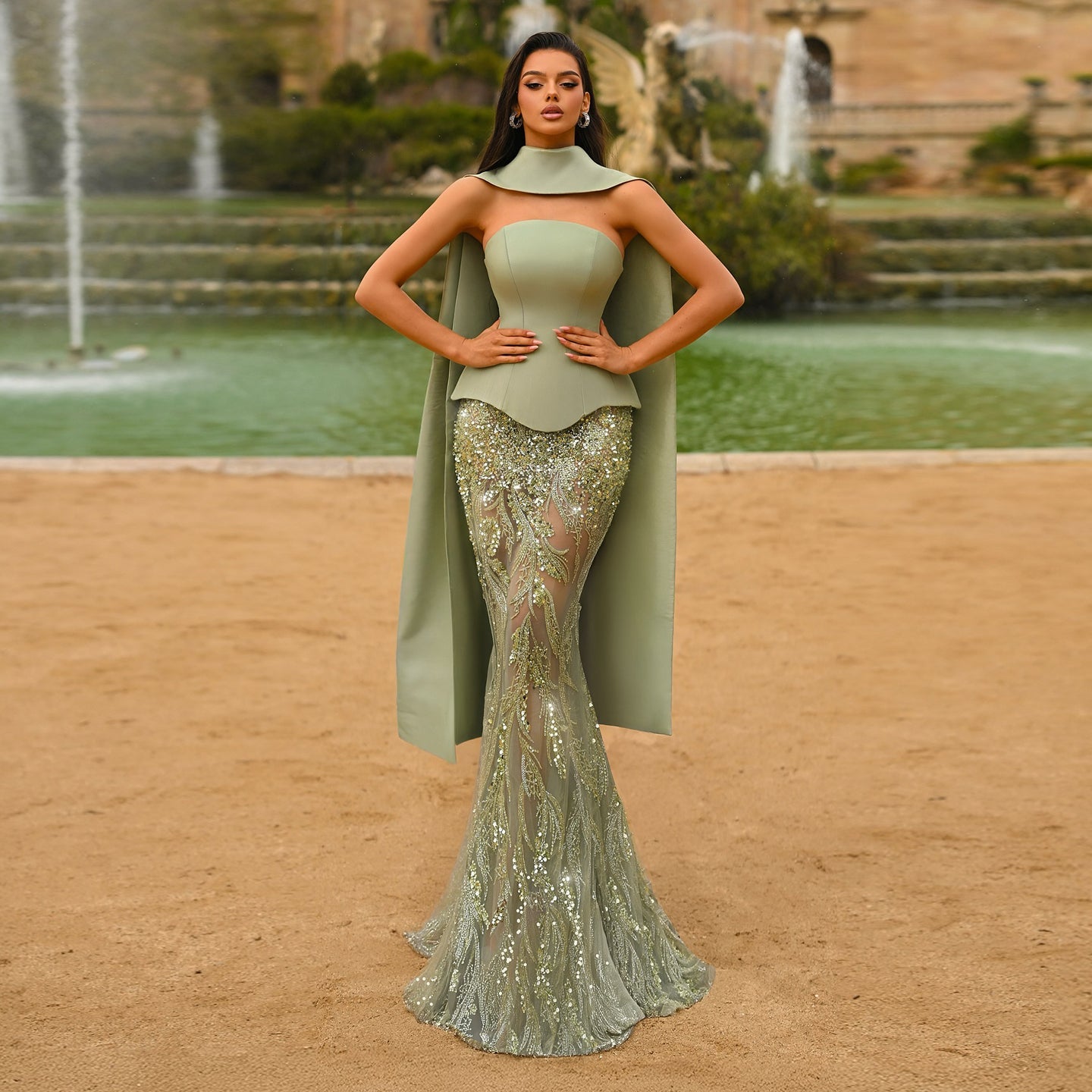 Luxury Sage Green 2 Pieces Beaded Evening Dress with Scarf Cap SS616