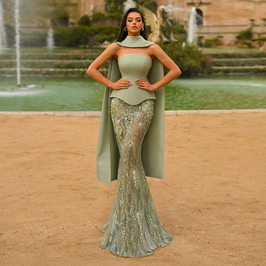Luxury Sage Green 2 Pieces Beaded Evening Dress with Scarf Cap SS616