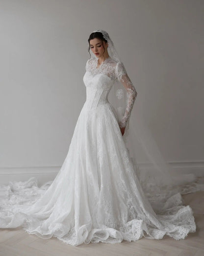 Romantic White Lace Long Sleeve A-Line Wedding Dress with Veil SW273