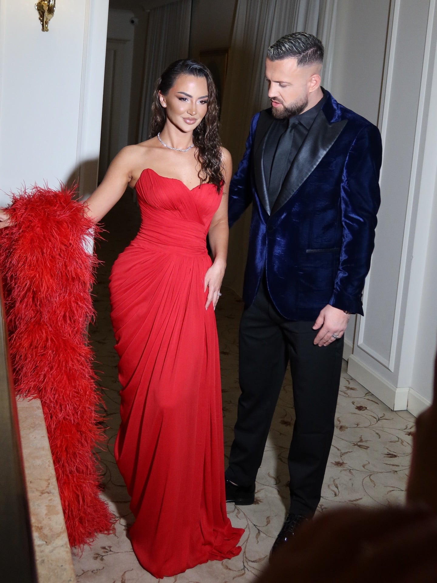 Glamorous Red Strapless Ruched Evening Dress with Feather Cuffs SF261