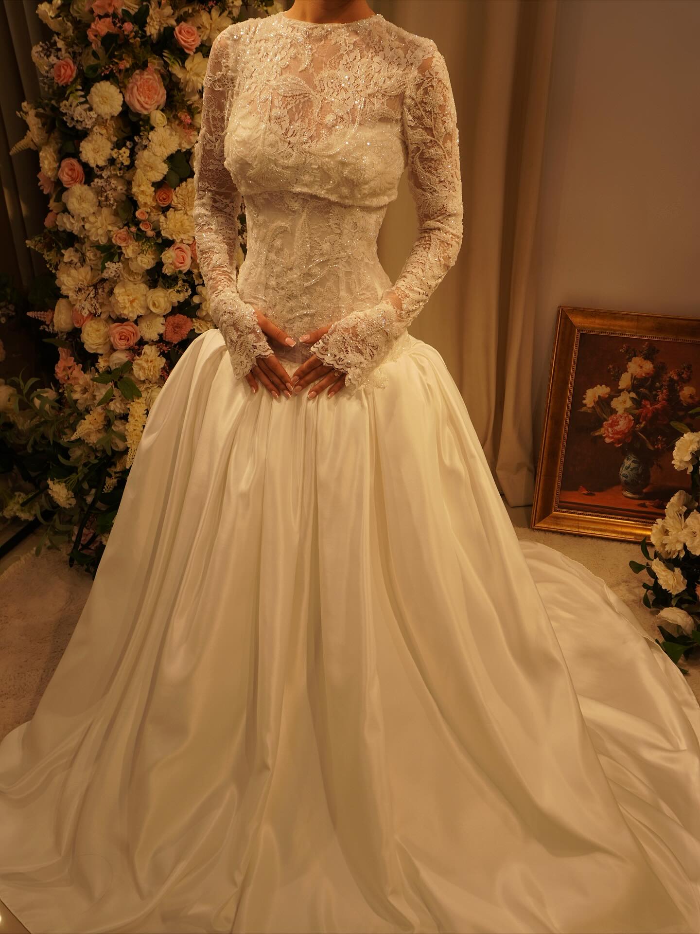 Luxury Off White High-Neck Pearl Lace Ball Gown Wedding Dress SW546