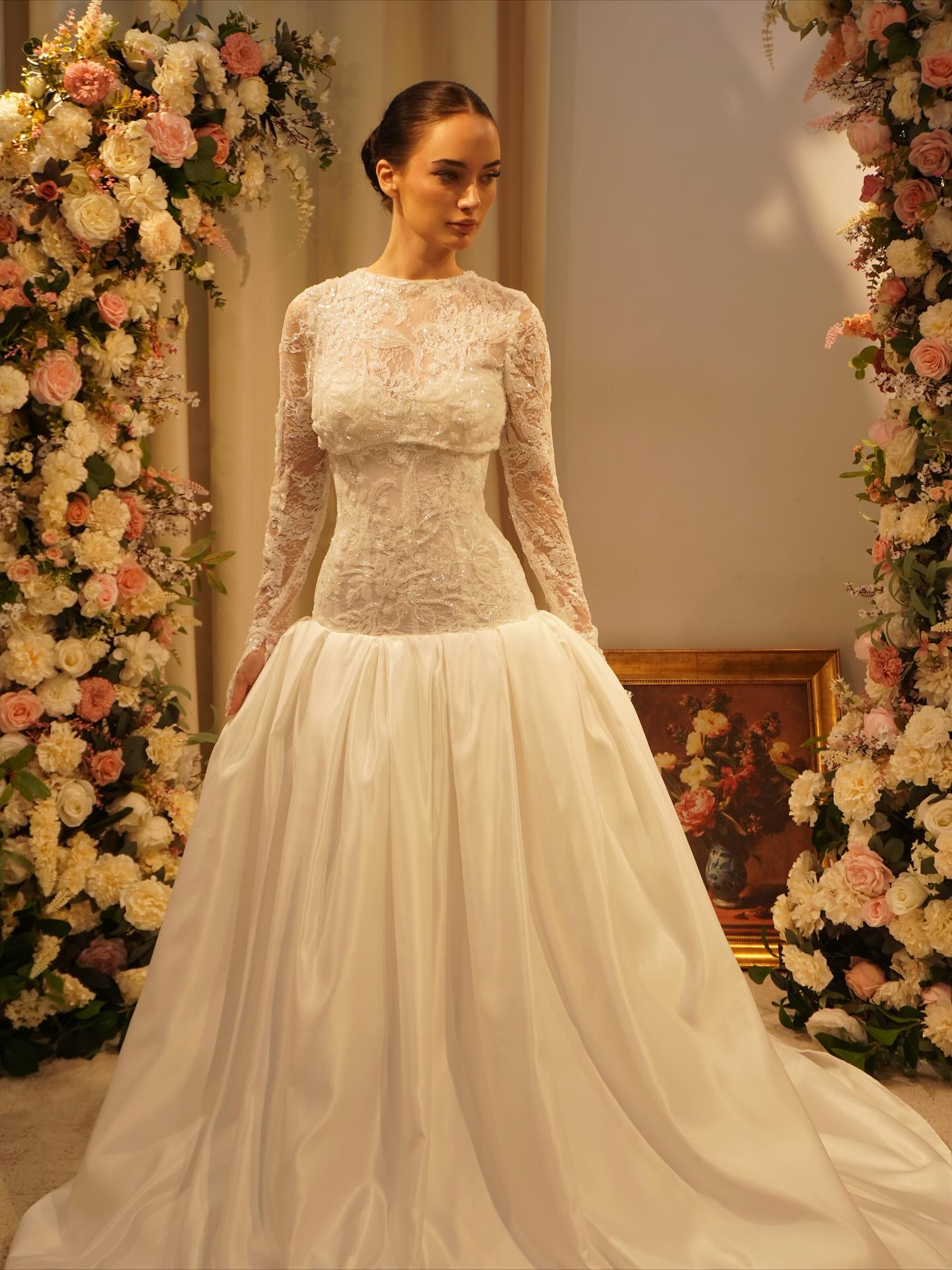 Luxury Off White High-Neck Pearl Lace Ball Gown Wedding Dress SW546