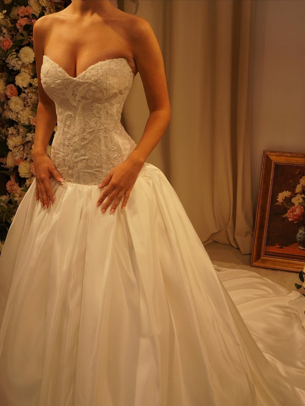Luxury Off White High-Neck Pearl Lace Ball Gown Wedding Dress SW546