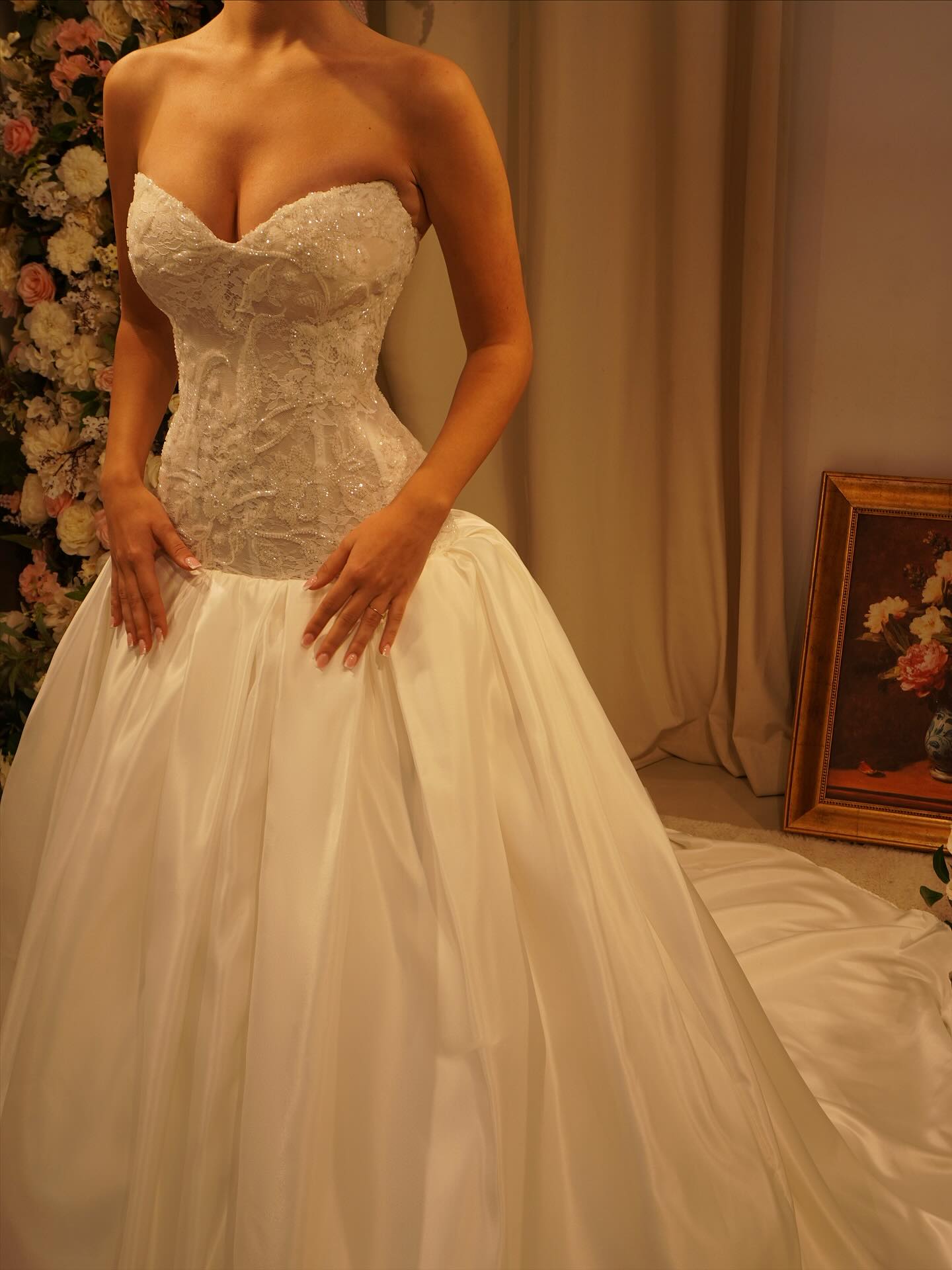 Luxury Off White High-Neck Pearl Lace Ball Gown Wedding Dress SW546