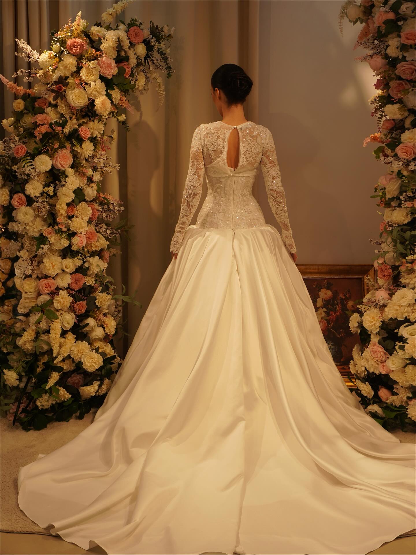 Luxury Off White High-Neck Pearl Lace Ball Gown Wedding Dress SW546