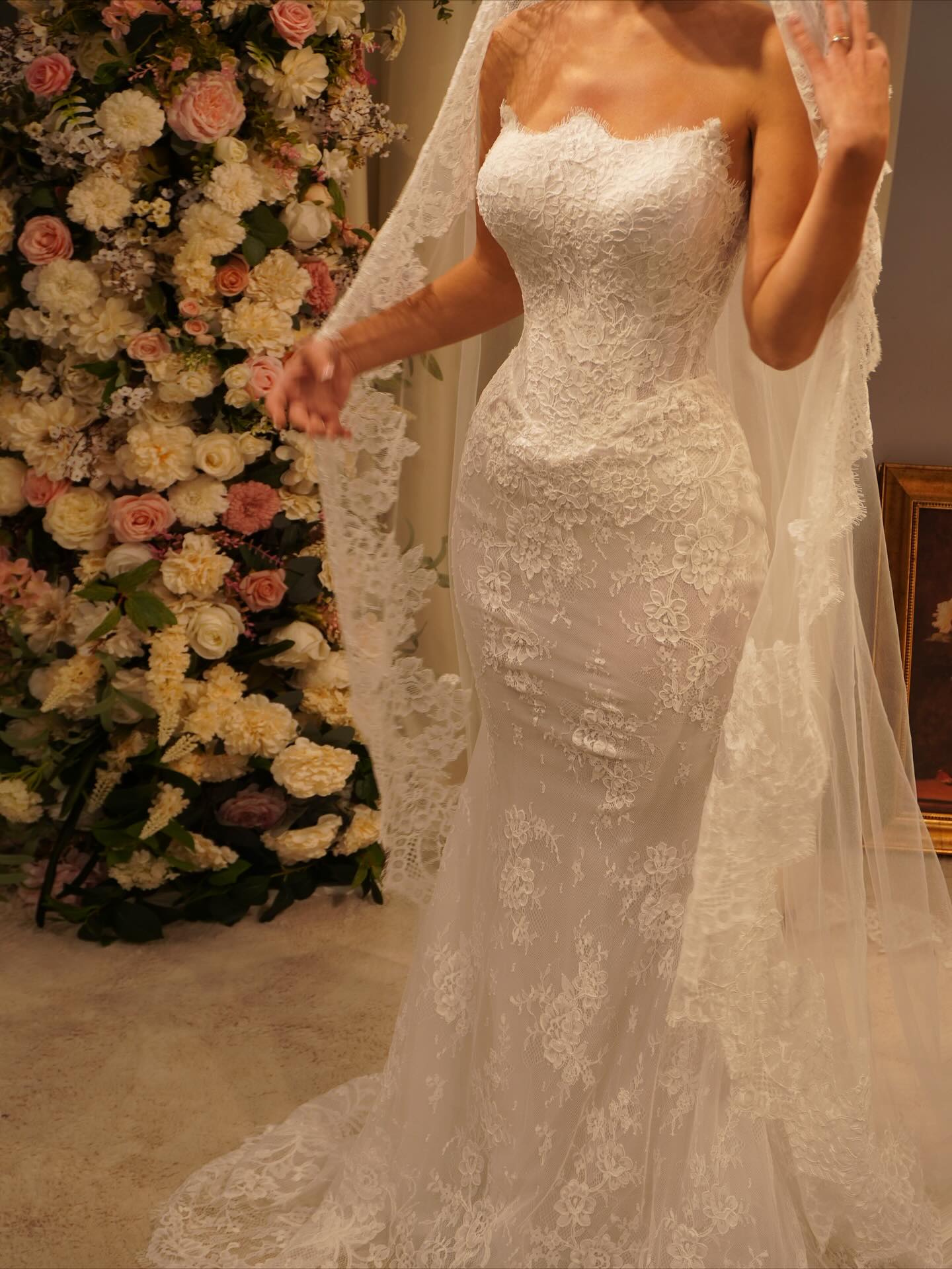 Luxury Strapless Lace Mermaid Wedding Dress With Veil SW549