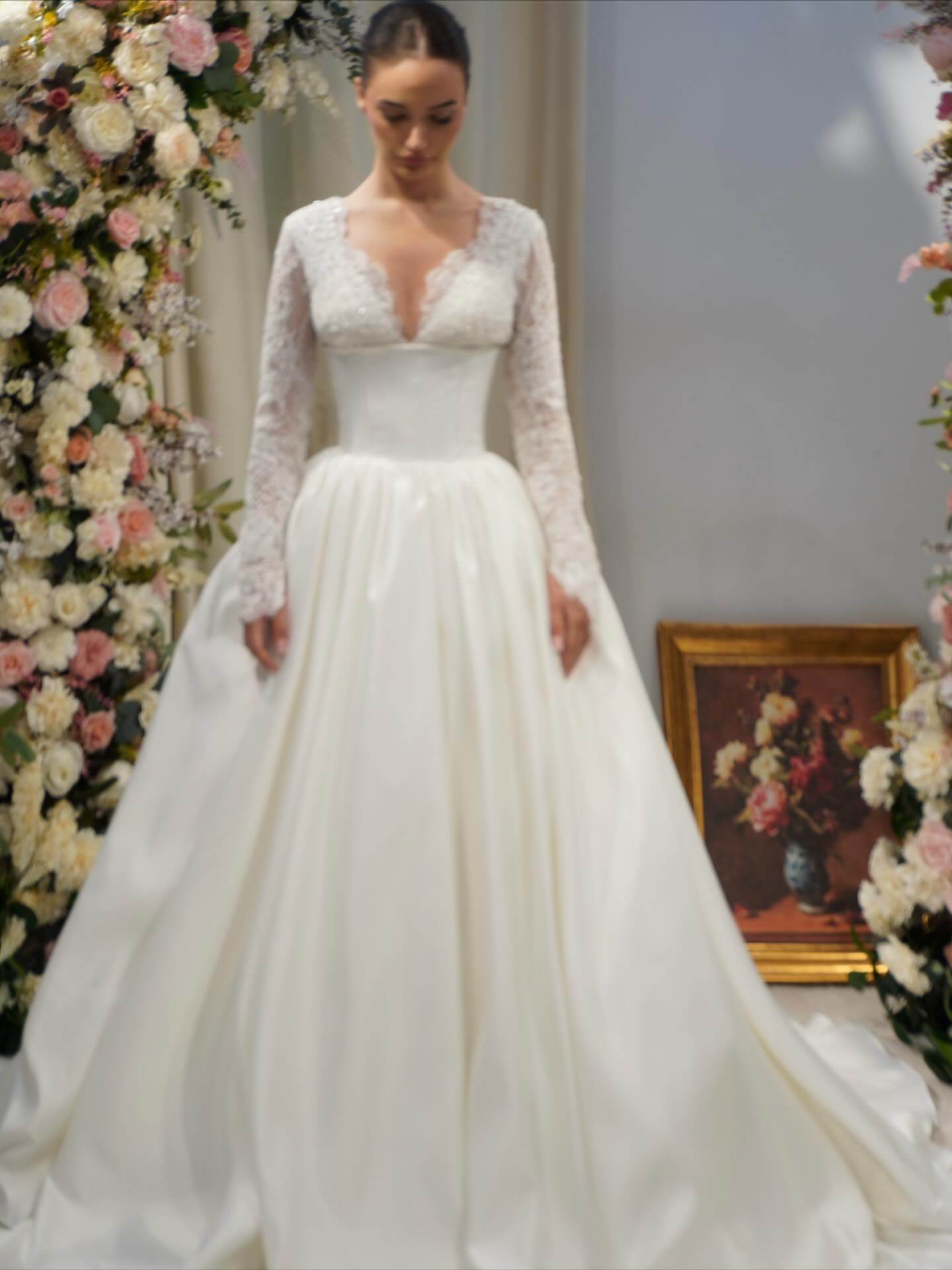 Luxury Pearl Deep V-Lace Ball Gown Wedding Dress SW547