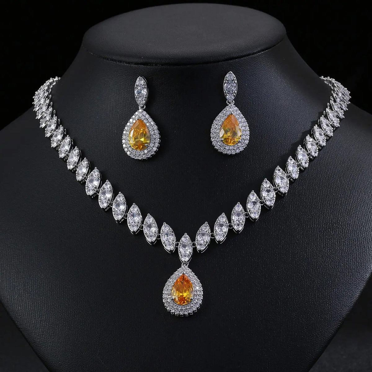 Luxury Teardrop Zircon Necklace Earrings Jewelry JW001