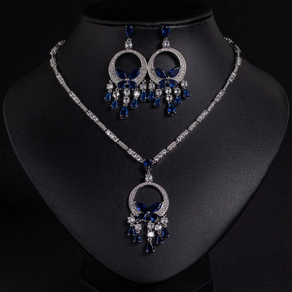 Luxury Cubic Zirconia Tassel Necklace and Earring Set JW050