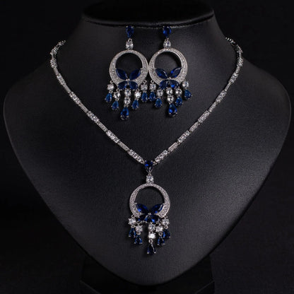 Luxury Cubic Zirconia Tassel Necklace and Earring Set JW050