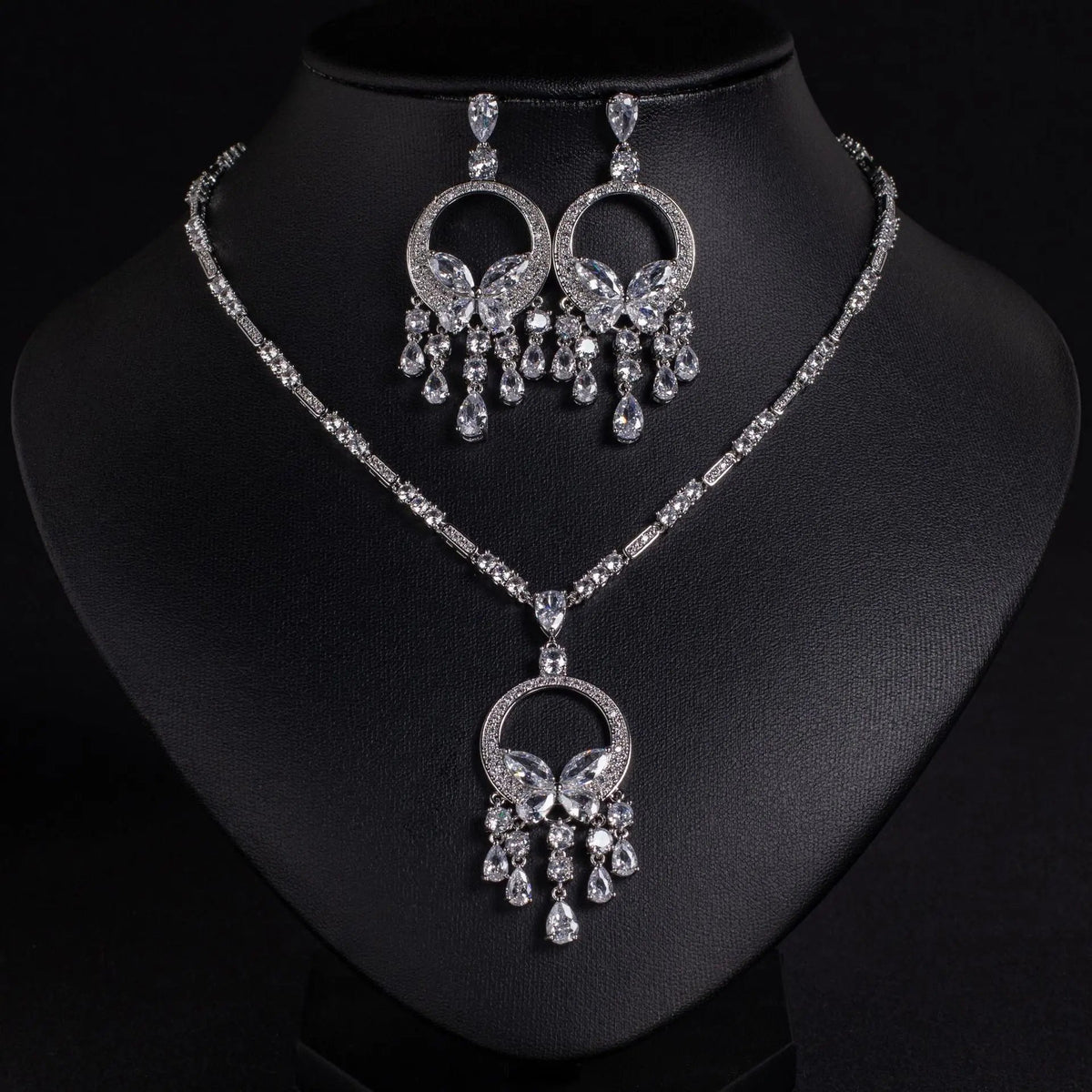 Luxury Cubic Zirconia Tassel Necklace and Earring Set JW050