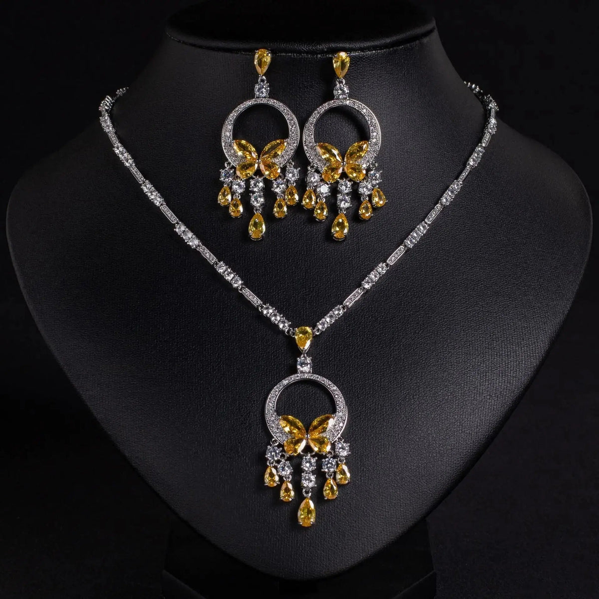 Luxury Cubic Zirconia Tassel Necklace and Earring Set JW050