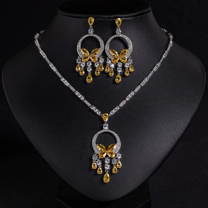 Luxury Cubic Zirconia Tassel Necklace and Earring Set JW050